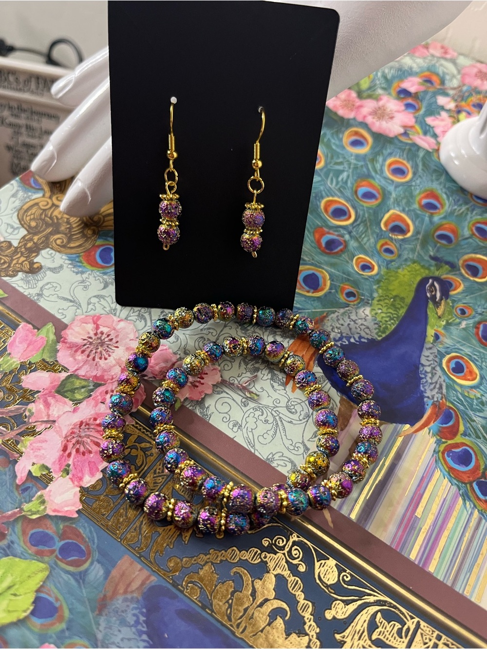 Rainbow Druzy Bracelet & Earrings Set Gold Accents Handmade Sparkle Jewelry - Picture 9 of 9